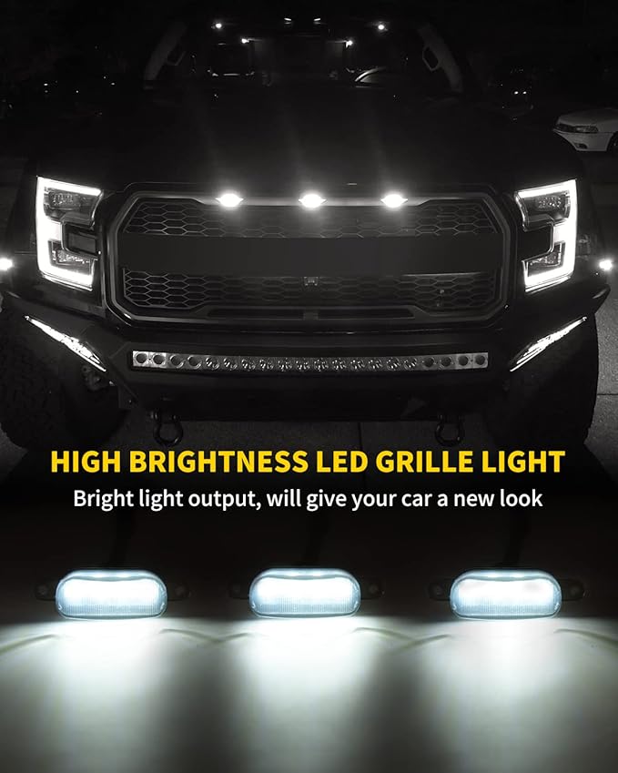 White LED Lights 3PCS Front Grille Raptor Lamps Car Accessories with Harness and Fuse, Compatible with 2004-2019 for-d F150 & 2013-2018 Ram 1500 Raptor Style Aftermarket Grille