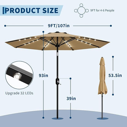 Garvee patio Umbrella with Solar Lights, Outdoor Table Umbrella with 8 Durable Ribs, Tilt & Crank Mechanism, Waterproof & UV Protection for Garden, Backyard, Poolside,
