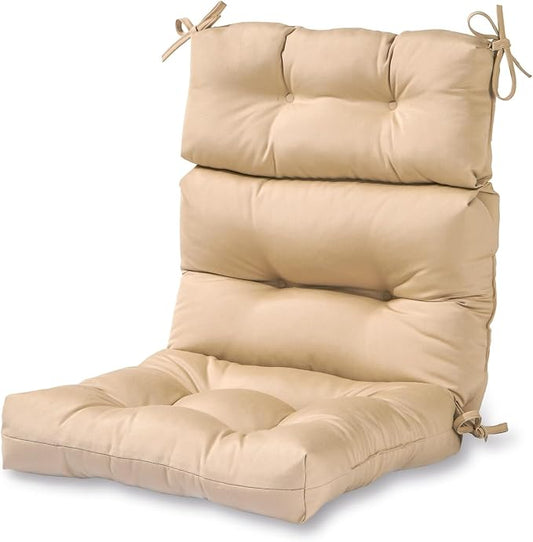 Outdoor Tufted High-Back Chair Cushions, One-Piece Hinged Seat and Back Design, Reversible with 4 Ties, Durable Polyester Fabric, Recycled Fiber Fill - Single, Stone