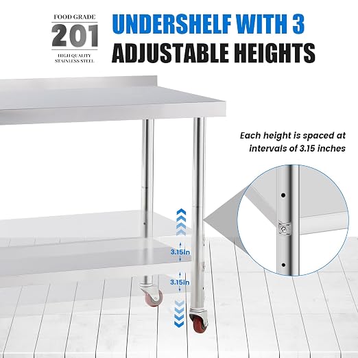 KUARBARR Stainless Steel Table for Prep & Work with 4 Caster Wheels with Backsplash 24 x 36 NSF Metal Commercial Kitchen Adjustable Under Shelf Worktable for Restaurant Home Outdoor
