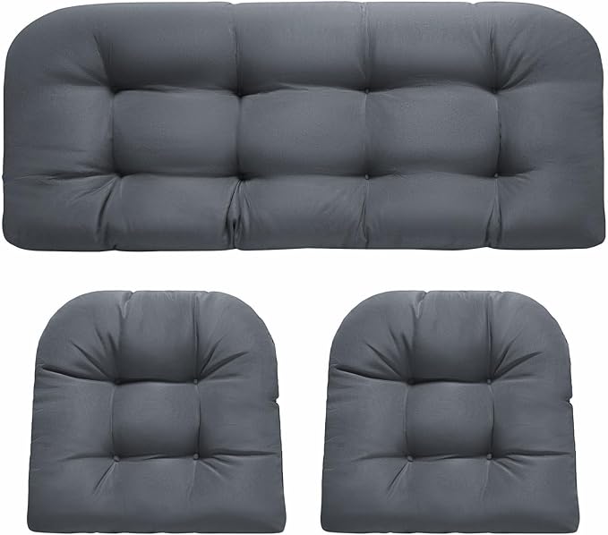 DANGHOOGY Wicker Chair Cushions, Waterproof Outdoor Loveseat Cushions for Patio Furniture, Tufted Wicker Furniture Cushions, 1 Loveseat and 2 U-Shaped Cushions, Grey