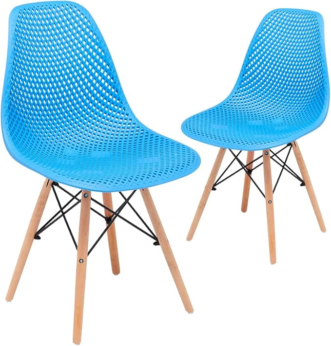 CangLong Dining Mid Century Modern Hollow Back Design Plastic Shell Armless Side Chair with Beech Wood Legs, Set of 2, Blue 1