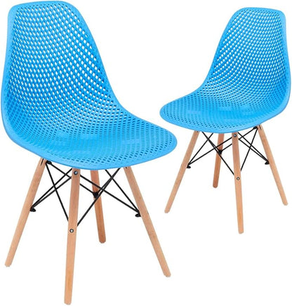 CangLong Dining Mid Century Modern Hollow Back Design Plastic Shell Armless Side Chair with Beech Wood Legs, Set of 2, Blue 1