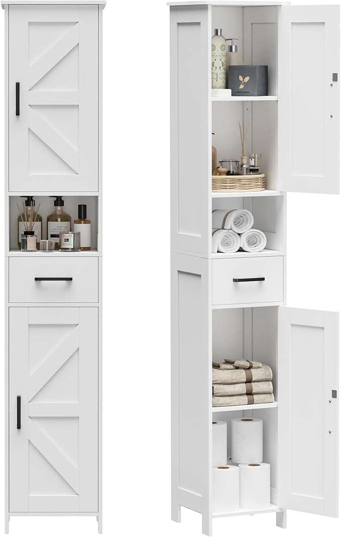 Homhedy 67" H Tall Bathroom Storage Cabinet with Barn Doors and Drawer | Narrow Storage Unit with Adjustable Shelves, Floor Cabinet for Bathroom, Living Room, Entryway or Kitchen, White, 11.8" W