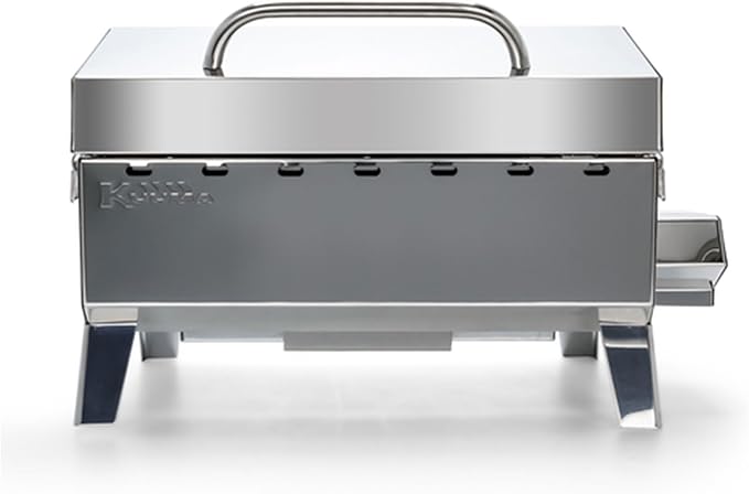 Camco Kuuma Stow N Go 125 Stainless Steel Gas Grill with Latch, Handle, and Pedestal Mount for Patio, Lawn, and Garden, Silver