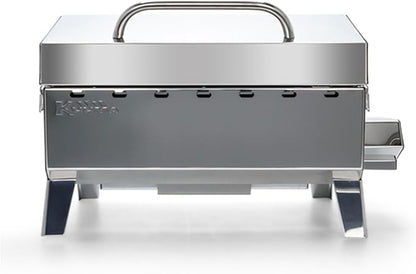 Camco Kuuma Stow N Go 125 Stainless Steel Gas Grill with Latch, Handle, and Pedestal Mount for Patio, Lawn, and Garden, Silver