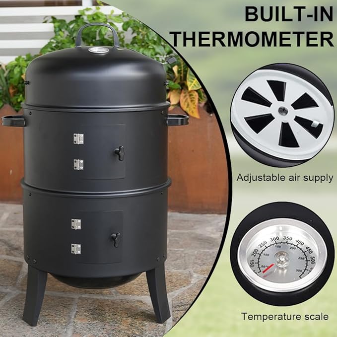 Vertical Charcoal Smoker with Built-in Thermometer Air Vent Round BBQ Grill 2 Access Doors for Outdoor Cooking Camping
