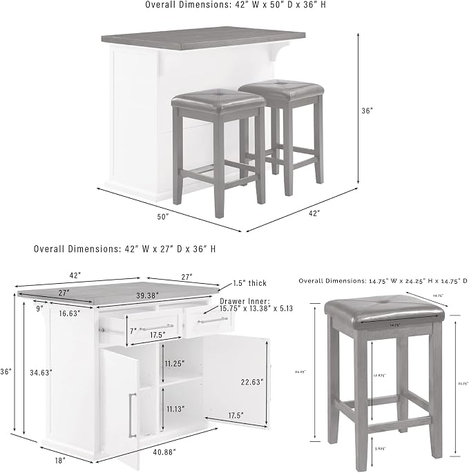 Crosley Furniture Bartlett Kitchen Island with Wood Top and Upholstered Square Stools, White/Black