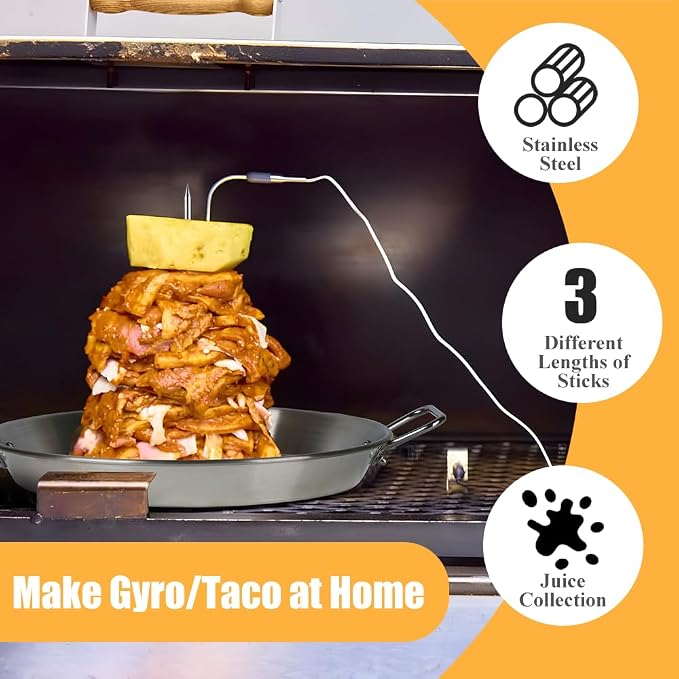 13" Vertical Skewer Gyro Pan Spit Shawarma Stand for oven with Chicken Leg Rack, Al Pastor Skewer for Grill, El Pastor Hack for Tacos Chicken, Brazilian, Stainless Steel, with 8",10" and 12" stick