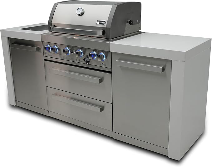 Mont Alpi MAi400-D 4 Burner Stainless Steel Outdoor Kitchen Island BBQ Grill - Side Burner | Granite Countertops | Rotisserie | 32 Inch