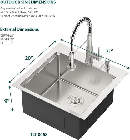 21 Inch Outdoor Kitchen Sink with Faucet - 21x20 Drop In Workstation 16 Gauge Stainless Steel Single Bowl Topmount Outdoor Wet Bar Sink with Stainless Steel Dust-Proof Cover #TLT-0068