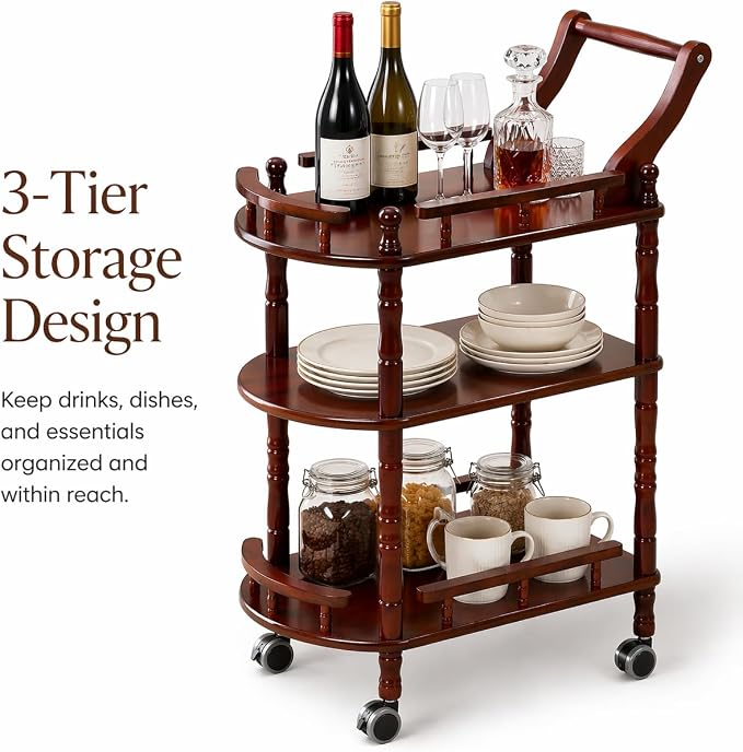Entertainment Kitchen Cart, Midcentury Modern Imported rubberwood Brown Finished Wood 3-Tier Mobile Bar Cart Serving Cart