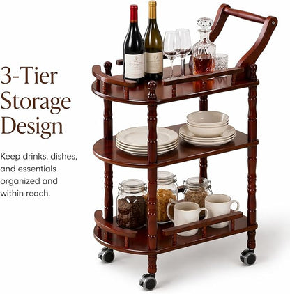 Entertainment Kitchen Cart, Midcentury Modern Imported rubberwood Brown Finished Wood 3-Tier Mobile Bar Cart Serving Cart
