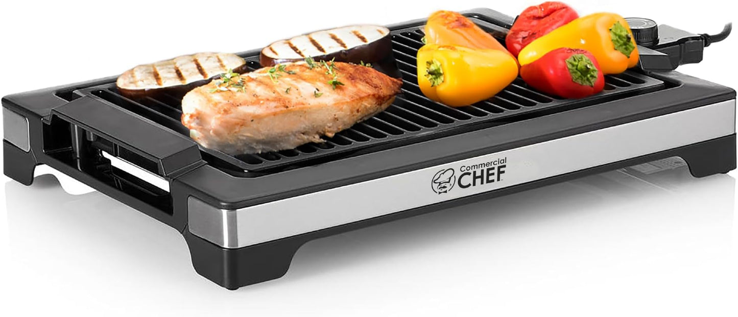 Commercial Chef Indoor Electric Grill, CHIG20B, Black and Stainless Steel | Portable Grill for Tabletop, Countertop or Kitchen, 1600W, 14.7” x 9.8” Nonstick Plate, Adjustable Temperature Control