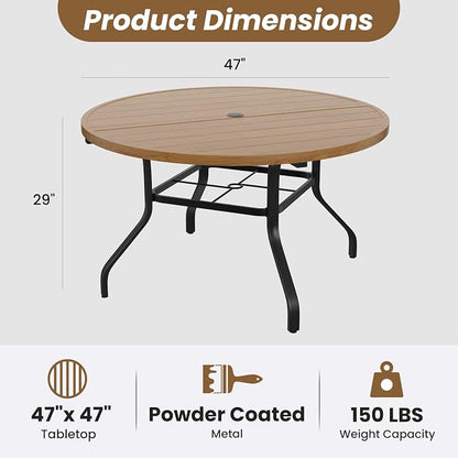 Round Outdoor Patio Dining Table, 47" Round Patio Table Wood-Like Grain with 1.57" Umbrella Hole, Metal Outdoor Dining Tables for Backyard and Poolside
