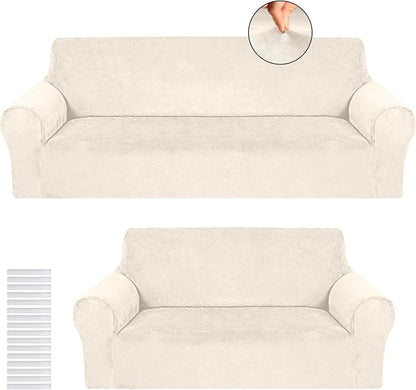 Peryiter 2 Pcs Couch and Loveseat Sofa Covers,Beige,Velvet | Armchair Covers for Living Room, Sofa Cushion Slipcover 2/3 Seater, Furniture Protector, Polyester and Spandex, Washable