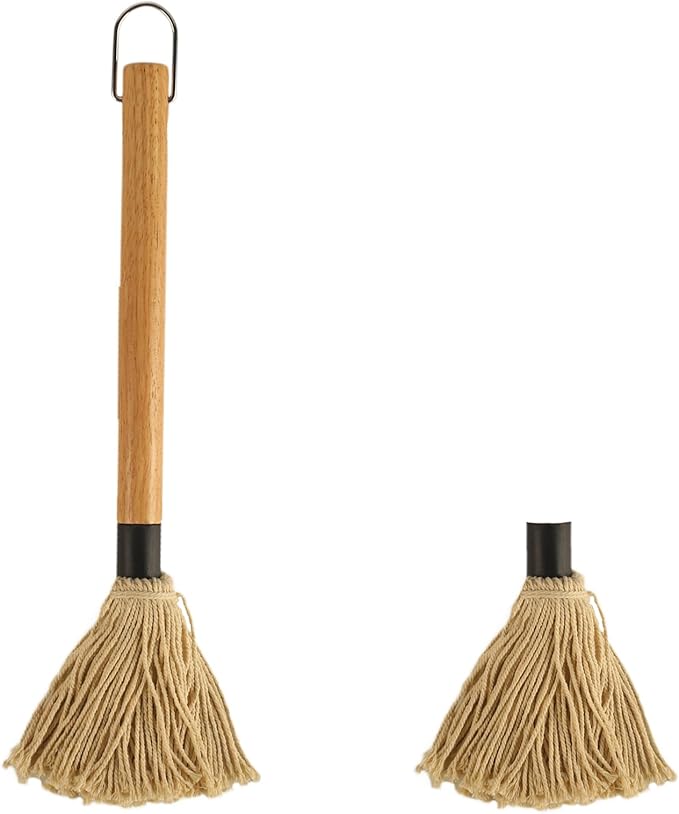 15.5 Inch BBQ Mop Brushes for Sauce, Grill Basting Mop Wooden Long Handle BBQ Mop with 1 Extra Replacement Heads for BBQ Grilling Smoking Steak