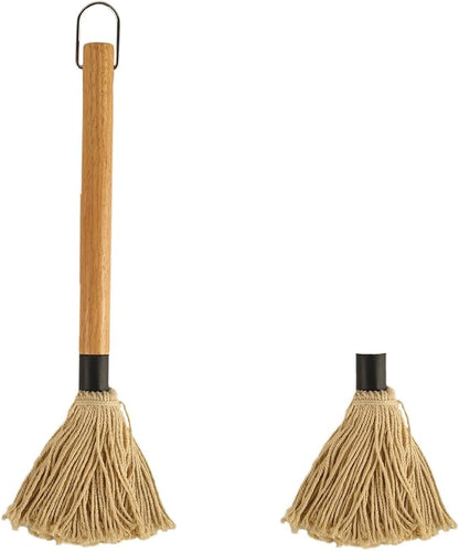 15.5 Inch BBQ Mop Brushes for Sauce, Grill Basting Mop Wooden Long Handle BBQ Mop with 1 Extra Replacement Heads for BBQ Grilling Smoking Steak