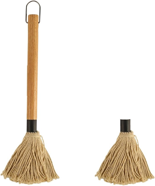 15.5 Inch BBQ Mop Brushes for Sauce, Grill Basting Mop Wooden Long Handle BBQ Mop with 1 Extra Replacement Heads for BBQ Grilling Smoking Steak