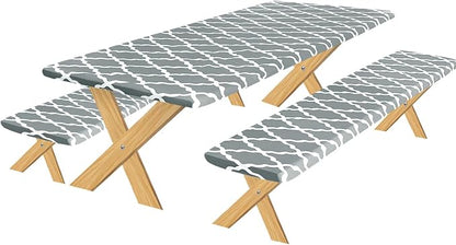 OutdoorLines Vinyl Fitted Picnic Table Cover with Bench Covers | Elastic Waterproof Camping Tablecloth for Picnic Table (Moroccon Gray 96x30 Inch, 3 Pcs)