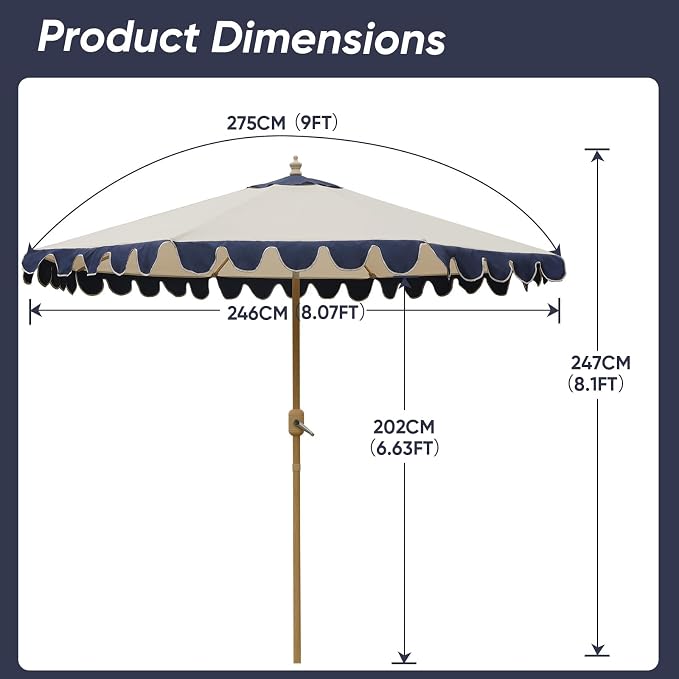 9FT Outdoor Patio Umbrella with Wavy edge,Push-Button Tilt & Easy Crank Lift,Heavy-Duty Metal Frame, 8 Ribs with Ventilated Canopy,UV Protection & Waterproof for Garden,Deck,Pool,Patio Table