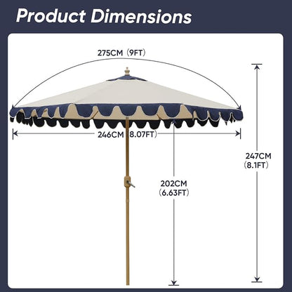 9FT Outdoor Patio Umbrella with Wavy edge,Push-Button Tilt & Easy Crank Lift,Heavy-Duty Metal Frame, 8 Ribs with Ventilated Canopy,UV Protection & Waterproof for Garden,Deck,Pool,Patio Table
