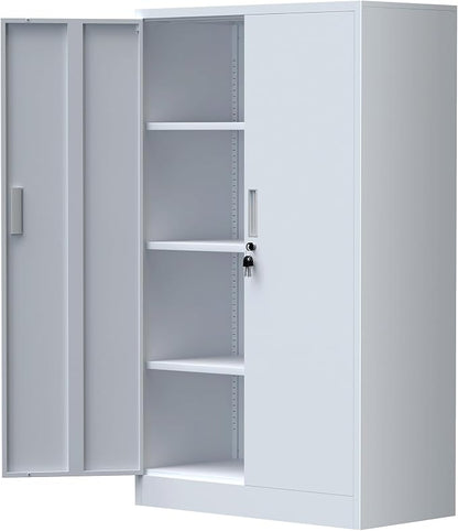 Metal Storage Cabinet with Locking Doors and 3 Adjustable Shelves, Lockable Storage Cabinets for Home Office Garage Kitchen Pantry (White)