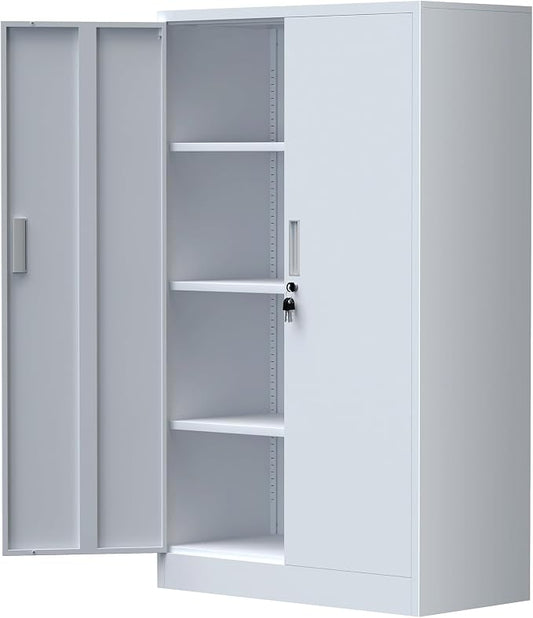 Metal Storage Cabinet with Locking Doors and 3 Adjustable Shelves, Lockable Storage Cabinets for Home Office Garage Kitchen Pantry (White)