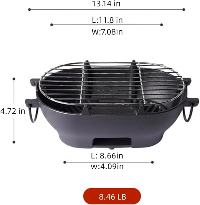 Mini Grill - 12 Inch Portable Cast Iron Outdoor Tabletop Grill - Handled Mini Japanese BBQ Charcoal Stove - Small Durable Camping Cast Iron Grill with Grate Hook