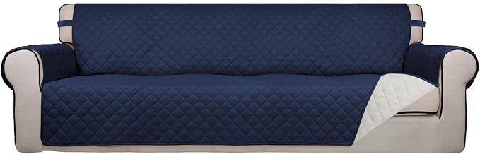PureFit Reversible Quilted Couch Covers for Dogs Sofa Cover 4 Seater 88" | Navy/Ivory, Water Resistant Couch Protector, Washable Pet Couch Cover with Non Slip and Elastic Straps For Kids
