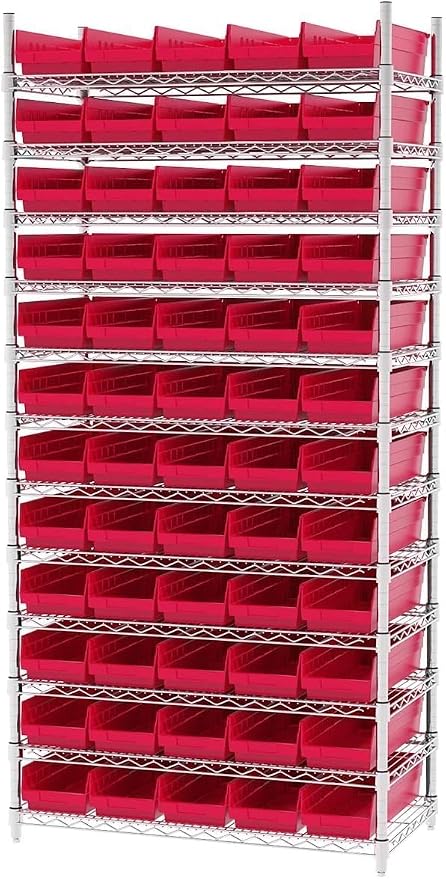 Akro-Mils 30138 Heavy Duty Plastic Shelf Bins, 18"x 6.5"x 4", Red, 12-Pk | Heavy Duty Nesting Storage Bins for Garage, Closet, Refrigerator, Kitchen, Cabinet, Drawer Organization, Pantry Organization