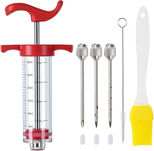 Plastic Meat Injector, Turkey Injector Syringe, Marinade Injector Turkey Injection Kit, Meat Injectors for Smoking, BBQ Grill Injector, Red 1oz (1 Injector 3 Needles)