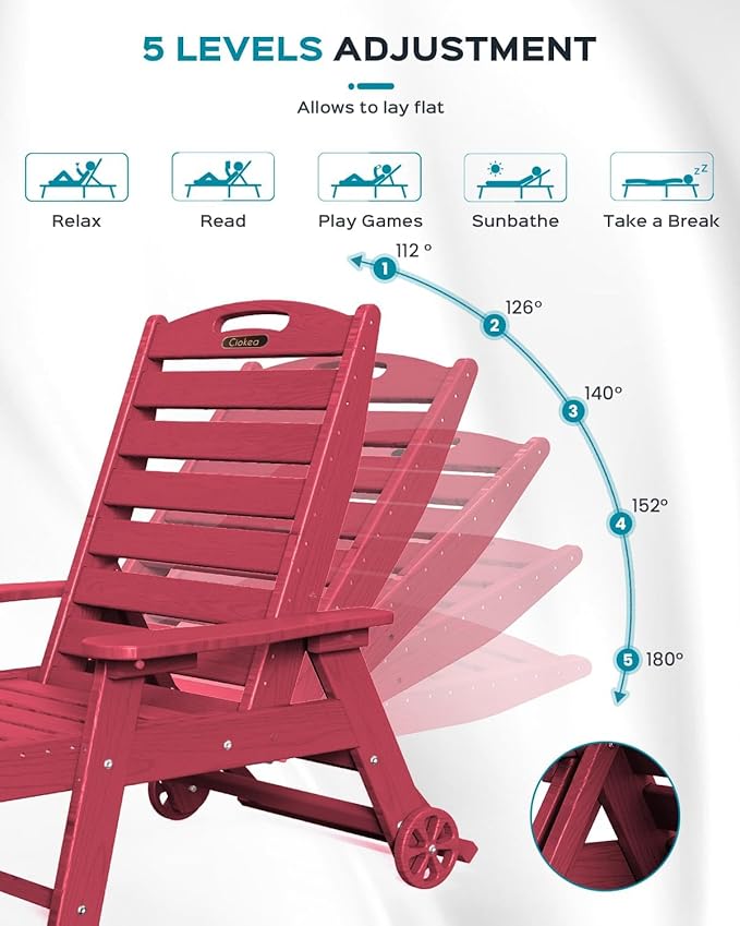 Ciokea Outdoor Chaise Lounge Chair Set of 2, Patio Lounge Chairs for Outside, HDPE Lounge Chair with Wheels & Cup Holder, Poly Chair with 5 Position for Poolside, Deck, Red
