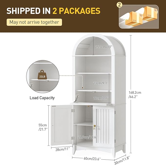 RALGEND 66" Tall Bathroom Cabinet Set of 2, Freestanding Cabinet with Doors & Shelves,Arched Cabinets for Bathroom, Living Room, Kitchen, Laundry, White