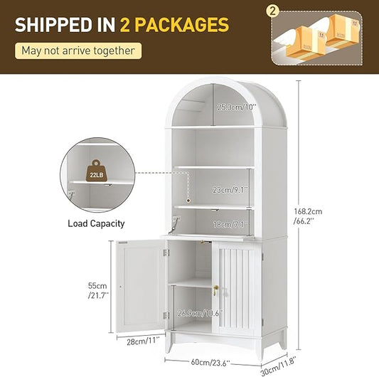 RALGEND 66" Tall Bathroom Cabinet Set of 2, Freestanding Cabinet with Doors & Shelves,Arched Cabinets for Bathroom, Living Room, Kitchen, Laundry, White
