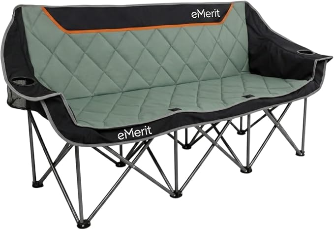 EMERIT 3 Person Camping Chair,900lb Heavy Duty Triple Loveseat Wide Padded Folding Couch for Adults & Family