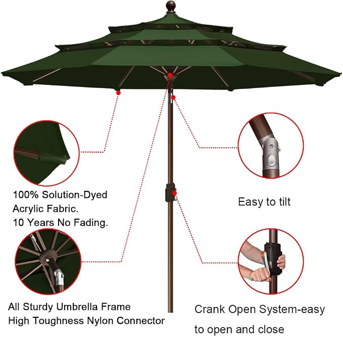 EliteShade USA 10-Year-Non-Fading 9ft 3-Tier Market Patio Umbrella, Commercial Grade Outdoor Table Umbrella with Crank Open, Windproof & UPF 50+ UV Protection, Heavy Duty Ventilation for Garden, Deck, Pool, Backyard, Beach & Bistro, Fern