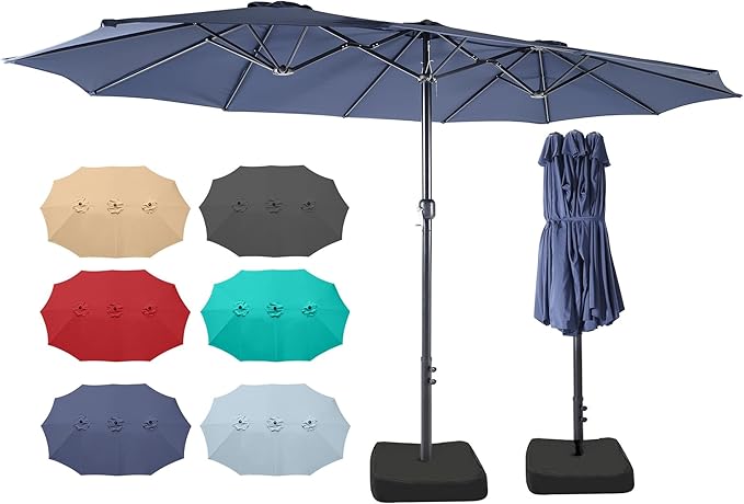15ft Patio Umbrella with Base, 10-Year-No-Fade Large Outdoor Double-Sided Market Umbrella with UPF50+Terylene Polyester Fabric and Crank for Poolside Garden Deck Backyard Beach Pools