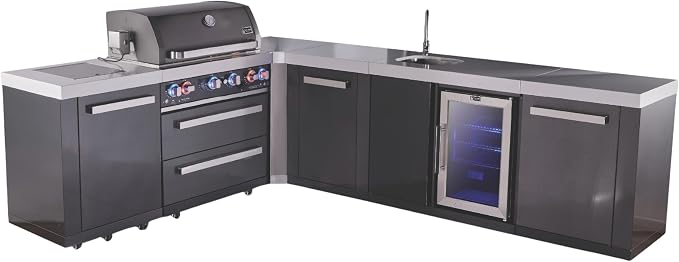 Mont Alpi 82"W x 113"D L-shaped Black Stainless Steel Outdoor Kitchen Island with Fridge + Faucet & Sink + 32"W 4-Burner BBQ Grill + Granite Countertops + Storage + Chopping Board + Rotisserie + Cover