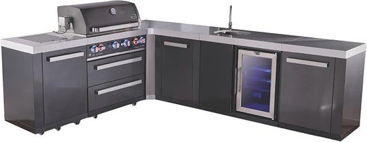 Mont Alpi 82"W x 113"D L-shaped Black Stainless Steel Outdoor Kitchen Island with Fridge + Faucet & Sink + 32"W 4-Burner BBQ Grill + Granite Countertops + Storage + Chopping Board + Rotisserie + Cover