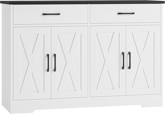 HOSTACK Buffet Cabinet with Storage, 47.2" Kitchen Sideboard Buffet with Drawers, Modern Farmhouse Coffee Bar Station with Shelves, Barn Doors Storage Cabinet for Living Room, White/Black