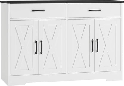 HOSTACK Buffet Cabinet with Storage, 47.2" Kitchen Sideboard Buffet with Drawers, Modern Farmhouse Coffee Bar Station with Shelves, Barn Doors Storage Cabinet for Living Room, White/Black