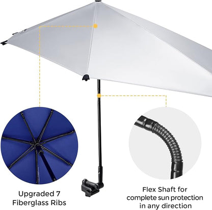 G4Free Beach Chair Umbrella with Universal Clamp UPF 50+ Golf Cart Umbrella | 46"x44" Large Canopy Sun Umbrella UV Protection, Adjustable Clamp for Beach Chair/Wheelchair/Stroller, 360° Flex Shaft, 7 Rib