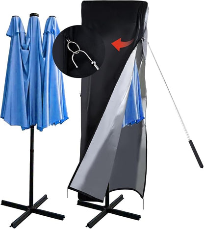 420D Waterproof Patio Umbrella Cover for Double-Sided 13-15 ft | Outdoor Parasol Cover, Telescopic Pole, Windproof Zipper, Top Vent, Anti-UV