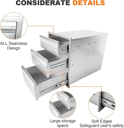 PioneerWorks 16" W x 21" H x 23" D Outdoor Kitchen Drawers, 3-Layer Outdoor Kitchen Access Drawer, Stainless Steel Built-in BBQ Drawer for Outdoor Kitchen Island, Patio Grill Station