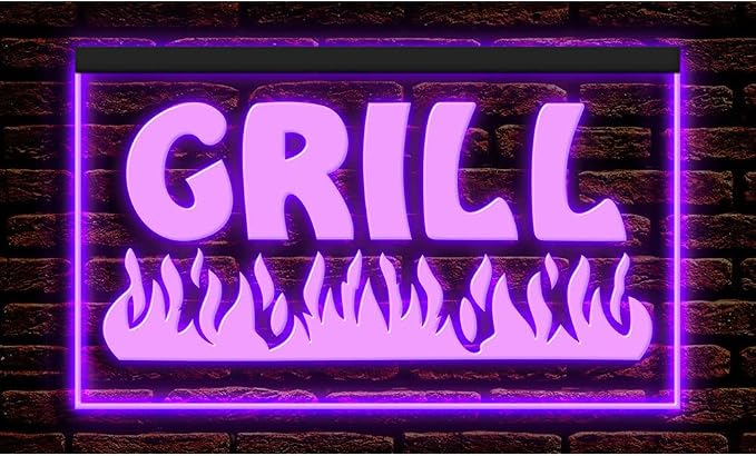 110032 Fire Grill Bar Restaurant BBQ Steakhouse Open Display LED Light Neon Sign (21.5" X 12", Purple)