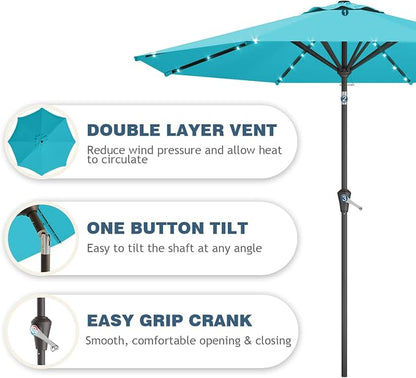 9FT Patio Umbrella with Solar Lights,Outdoor Market Umbrella with Tilt and Crank, LED Lighted Table Umbrella for Garden,Deck,Backyard,Pool,Beach (Light Blue)