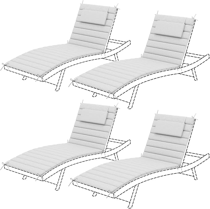 Sundale Outdoor Olefin Quilted Lounge Cushion Set of 4, Patio Foldable Chaise Lounger Cushion, Water-Resistant Lounge Chair Pad with Straps Light Gray, 80 x 26 inches