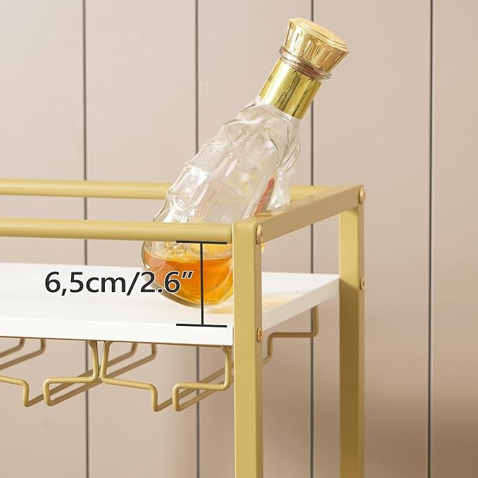 MAHANCRIS Bar Cart for Home, Mini Rolling Wine Cart, 3 Tier Serving Cart, Kitchen Storage Cart with Wine Rack and Glass Holders, for Kitchen, Dining Room, Living Room, Gold and White RCJW9301