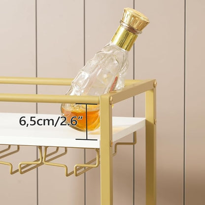 MAHANCRIS Bar Cart for Home, Mini Rolling Wine Cart, 3 Tier Serving Cart, Kitchen Storage Cart with Wine Rack and Glass Holders, for Kitchen, Dining Room, Living Room, Gold and White RCJW9301